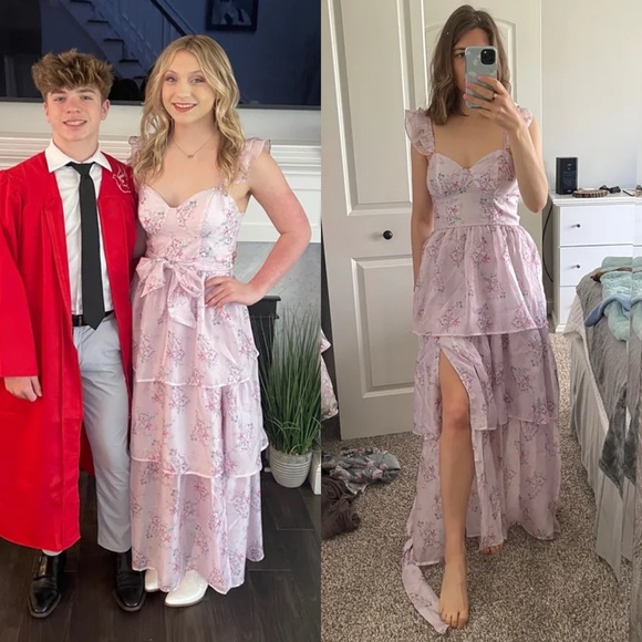 Lilac Pink Floral Ruffled Tiered Bustier Flutter-Sleeve Midi Dress 🌿 - Picture 5 of 11